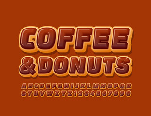 Fototapeta na wymiar Vector tasty sign Coffee & Donuts with Choco Alphabet Letters and Numbers. Sweet biscuit Font