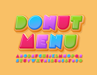 Vector creative template Donut Menu with tasty Bright Font. Colorful Alphabet Letters and Numbers