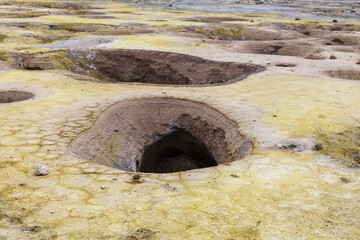 Holes in the volcanic crater. Nisyros, Greece.
