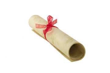 Paper scroll isolated on white with bow. Certificate diploma or award document. Graduation, success...
