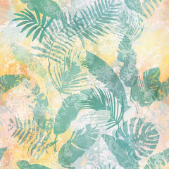 Fototapeta na wymiar Jungle colorful seamless pattern, exotic background. Tropical plants backdrop