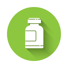 Obraz premium White Sports nutrition bodybuilding proteine power drink and food icon isolated with long shadow. Green circle button. Vector Illustration.