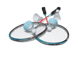 3d rendering game set of badminton rackets with adult shuttlecocks on white background with shadow