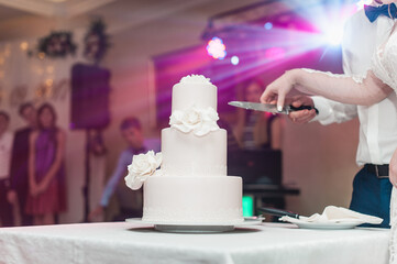 wedding ceremony. the bride and groom make their first case together, cut the white wedding cake