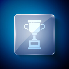 White Award cup icon isolated on blue background. Winner trophy symbol. Championship or competition trophy. Sports achievement sign. Square glass panels. Vector Illustration.