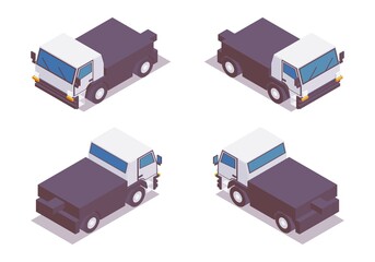 Isometric set of isolated electric towing vehicles. For airports, factories, warehouses. 3d car with shadow