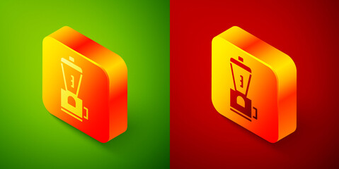 Isometric Electric coffee grinder icon isolated on green and red background. Square button. Vector Illustration.