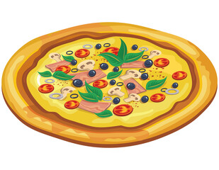 Pizza with ham, tomatoes, basil, mushrooms and olives. Italian fast food in cartoon style.
