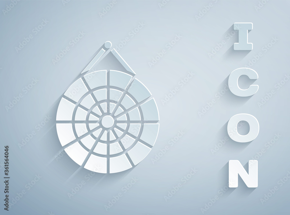 Poster paper cut classic dart board and arrow icon isolated on grey background. dartboard sign. game concep