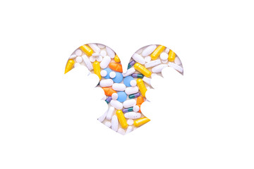Multi colored pills laying out in form of heart with hands on white backdrop. Clipping path. Heart attack medicine.  Arrhythmia remedy tablets. Pharmacy concept. Empty space. Health care