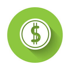 White Coin money with dollar symbol icon isolated with long shadow. Banking currency sign. Cash symbol. Green circle button. Vector Illustration.