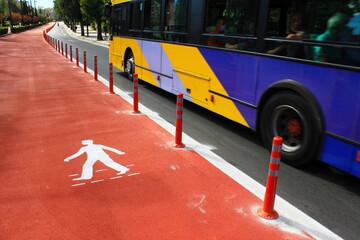 Greece, Athens, June 16 2020 - Symbol for pedestrians, pedestrian footway under construction. 
