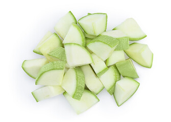 diced zucchini or marrow isolated on white background with clipping path and full depth of field. Top view. Flat lay