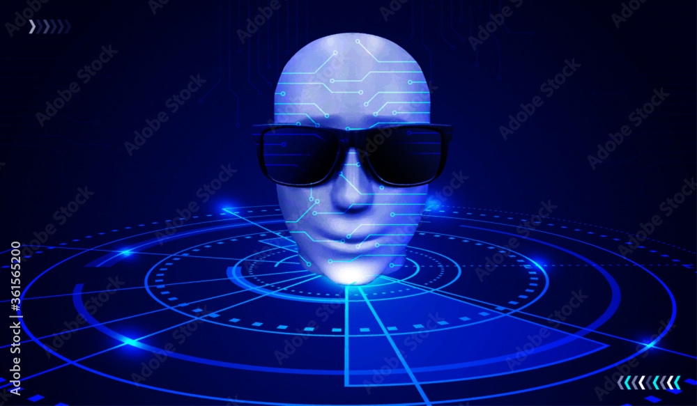 Poster 3d robot face on circuit board, artificial intelligence concept.