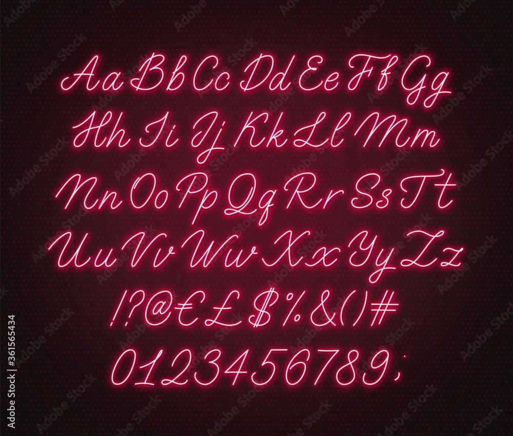 Aufkleber neon red script alphabet. glowing cursive font with letters, numbers and special characters on a dar