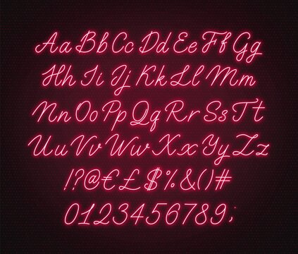 Neon red script alphabet. Glowing cursive font with letters, numbers and special characters on a dark background.