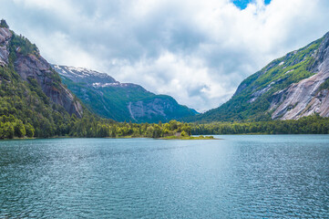 Lake with mountains and blue sky in the argentinian patagonia