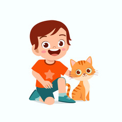 happy cute little kid boy play with pet cat
