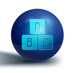 Blue ABC blocks icon isolated on white background. Alphabet cubes with letters A,B,C. Blue circle button. Vector Illustration.