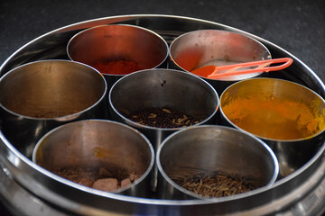 Side view of Indian style steel spices container