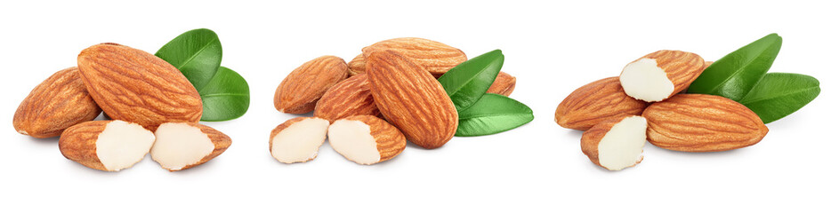 Almonds nuts with leaves isolated on white background with clipping path and full depth of field. Set or collection