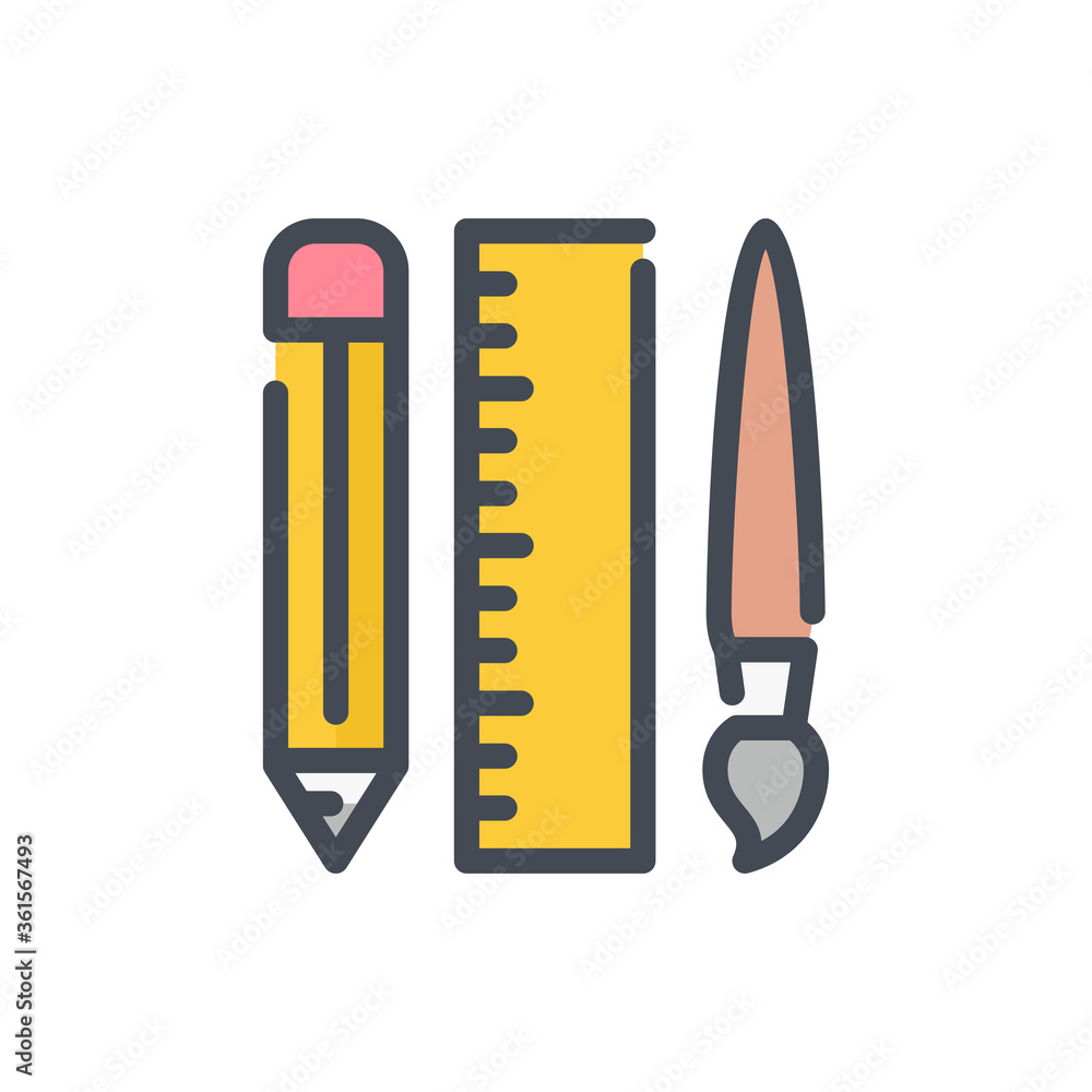 Poster pencil, ruler and brush color line icon. design and creativity vector outline colorful sign.