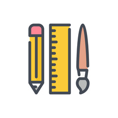 Pencil, Ruler and Brush color line icon. Design and Creativity vector outline colorful sign.