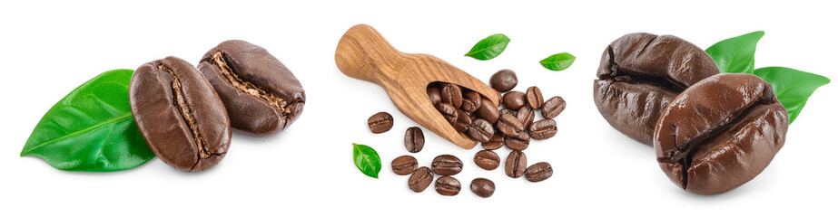Heap of roasted coffee beans with leaves isolated on white background . Top view. Flat lay.