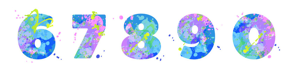 Numbers 67890 with effect of liquid spots of paint in blue, green, pink colors, isolated on white. Decoration element for design of a flyer, poster, calendar, cover, title. Vector illustration.