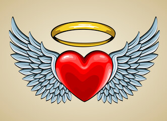 Red heart with angel wings and halo