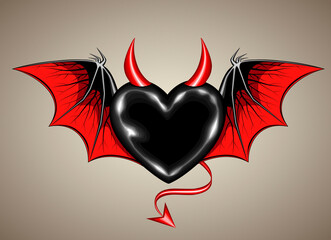 Black heart with vampire wings and horn