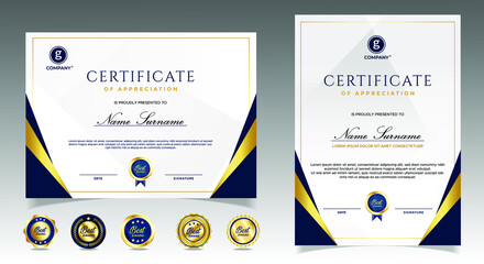 Certificate of appreciation template, gold and blue color. Clean modern certificate with gold badge. Certificate border template with luxury and modern line pattern. Diploma vector template - obrazy, fototapety, plakaty