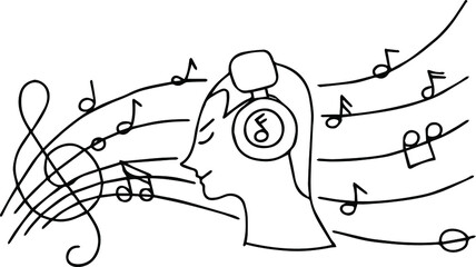 People listen to music with headphones that cover their ears.With music notes running through.