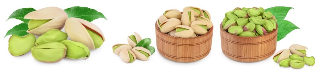 pistachio with leaves isolated on white background with clipping path and full depth of field. Set r collection