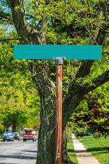 Blank green street sign on a rusty metal pole with green leaves and a tree in the background