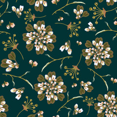 Floral abstract seamless vector isolated pattern. Trendy art style on a dark background. Spring, summer field plants for the design of backgrounds, textiles, wallpaper, postcards, ceramics
