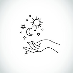 Boho, hipster  vector art of hands with sun, moon and stars