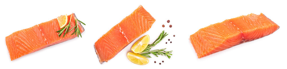 fillet of red fish salmon with lemon and rosemary isolated on white background. Top view. Flat lay. Set or collection