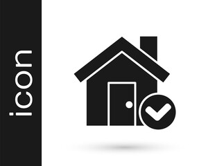 Grey House with check mark icon isolated on white background. Real estate agency or cottage town elite class. Vector Illustration.