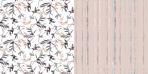 Seamless pattern with floral and abstract themes. Set of two vectors with randomly arranged branches and leaves on white and with stripes on a pink background. For textiles, wallpapers, clothes