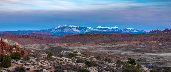 Fiery Furnace and La Sal Mountains at Sunset