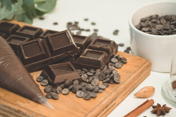 Chocolate and chocolate chips. Ingredients for cooking flour products or dessert
