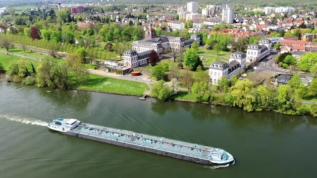 Philippsruhe Castle in Hanau, transport ship on Main, Hesse, Germany