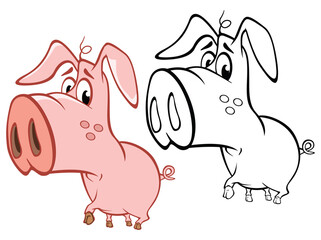 Fototapeta premium Vector Illustration of a Cute Cartoon Character Pig for you Design and Computer Game. Coloring Book Outline Set 