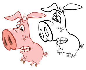 Vector Illustration of a Cute Cartoon Character Pig for you Design and Computer Game. Coloring Book Outline Set 