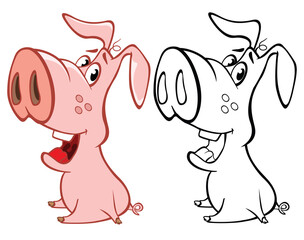 Vector Illustration of a Cute Cartoon Character Pig for you Design and Computer Game. Coloring Book Outline Set 