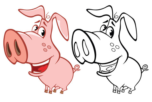 Vector Illustration of a Cute Cartoon Character Pig for you Design and Computer Game. Coloring Book Outline Set 