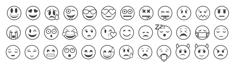 Emoticons big set. Emoji faces collection. Emojis flat style. Happy and sad emoji. Line smiley face - stock vector - obrazy, fototapety, plakaty