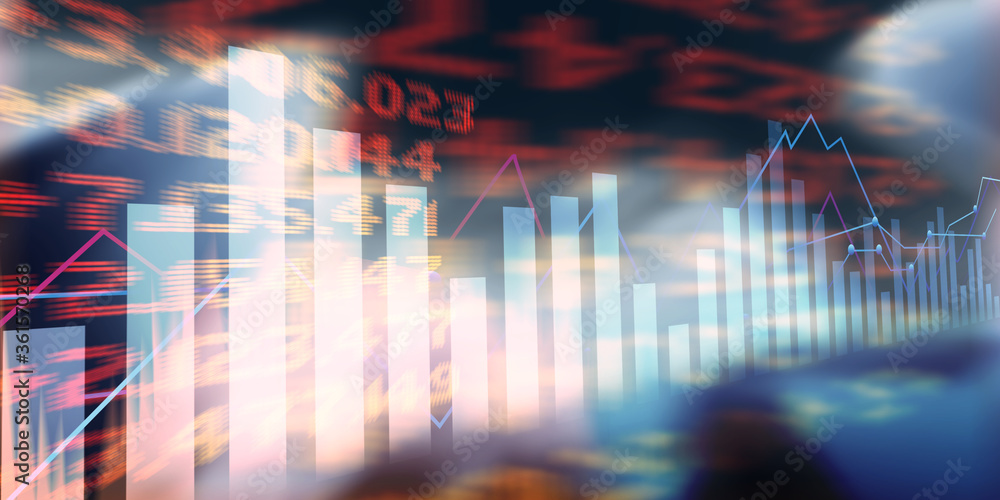 Poster digital economy concept. stock exchange data with graphs and numbers on blurred background, double e