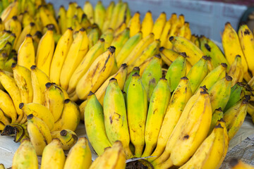 A counter with branches of yellow bananas.